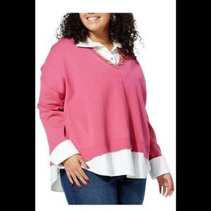 WynneLayers SoftKNIT Mixed Media Sweater w/ Lapel Collar Pink/White - Regular